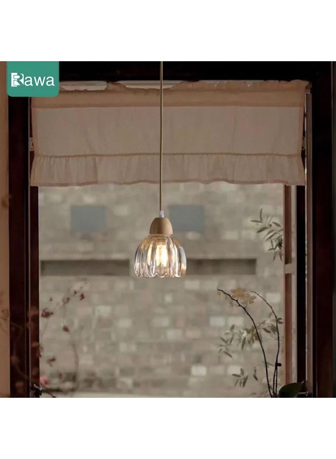 روعة مصباح معلق على شكل بتلة من الخشب الصلب على الطراز الياباني، مصباح طاولة سرير غرفة نوم وغرفة طعام عصري بسيط، إضاءة قابلة للتعديل بثلاثة ألوان (مصباح LED مرفق) - Image 3